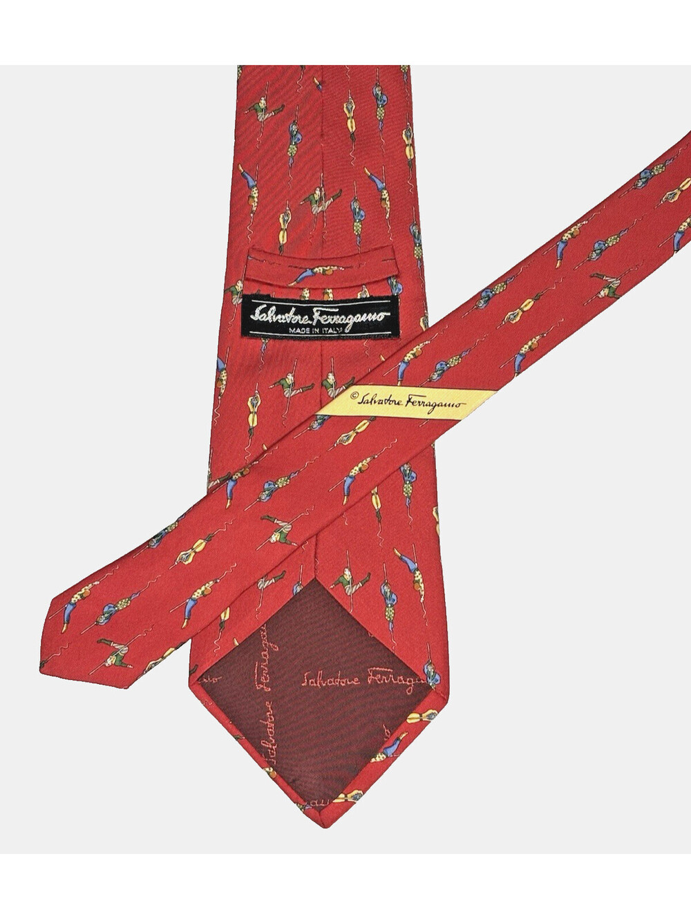 Vintage 90's Salvatore Ferragamo Men's Silk Tie Signed Red Acrobat 3.75"x59" EUC